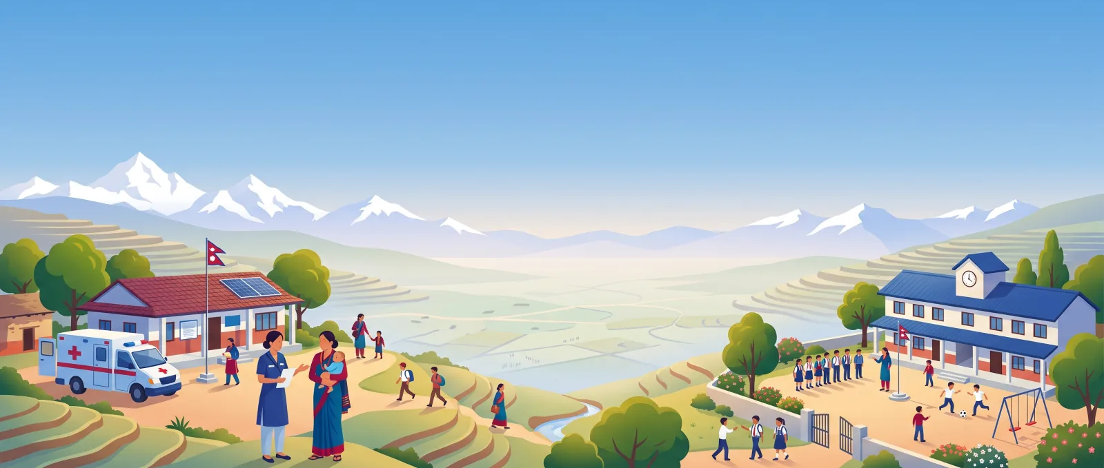 A hill health post with an ambulance at the left, a new school with children at the right, terraced hillsides open between them