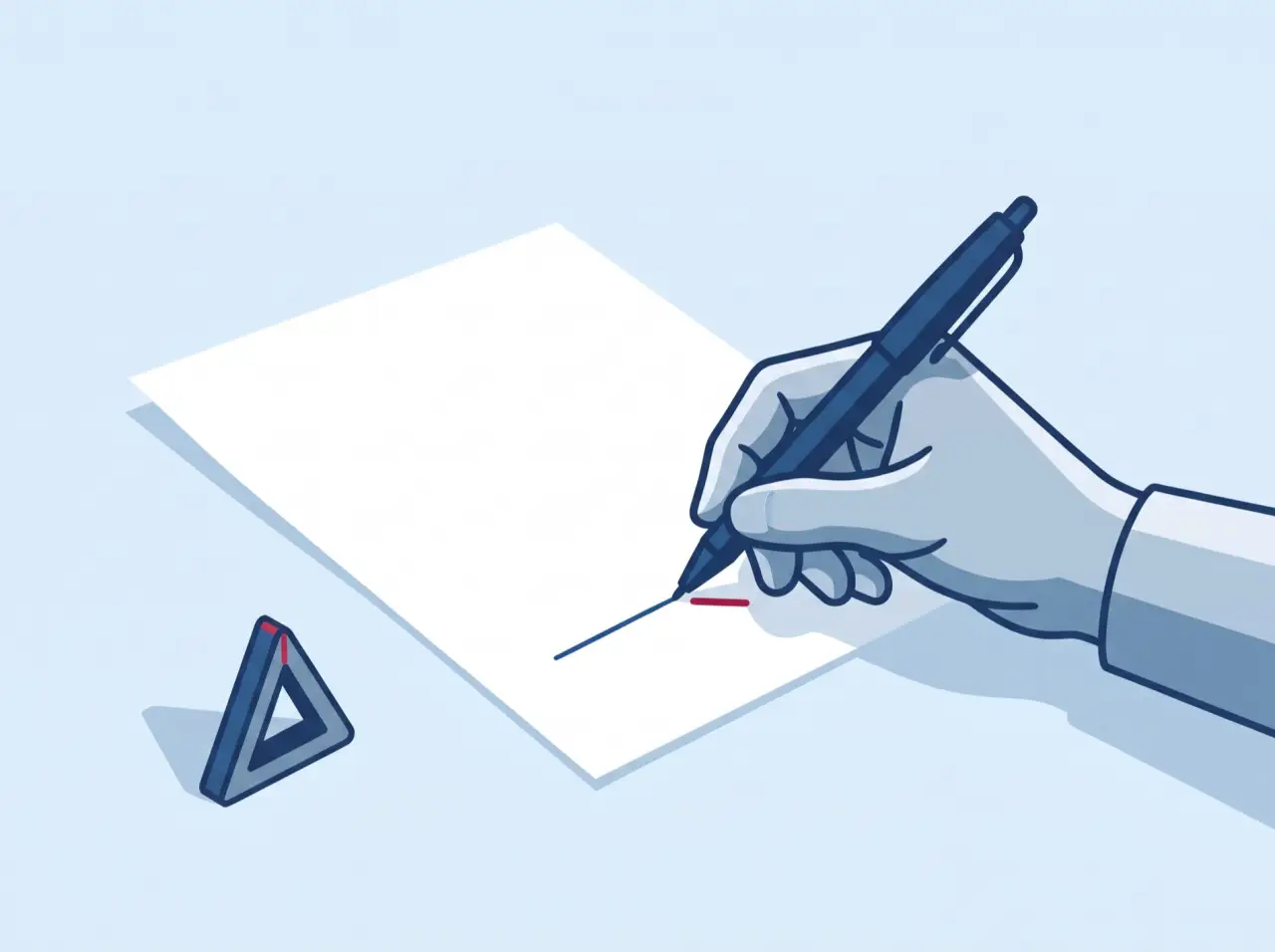 A hand signing a sheet beside a small warning mark